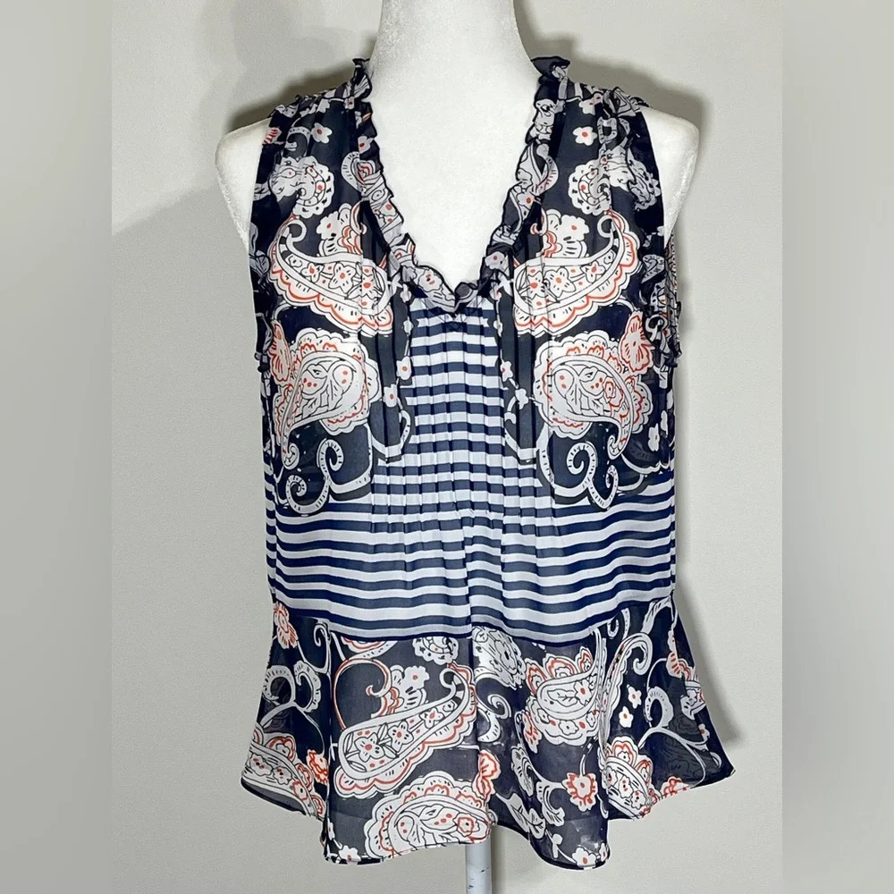 CAbi Style 5349 Paisley Peplum Vneck Sleeveless Blouse Paisley & Stripe Sheer XS - Picture 1 of 9